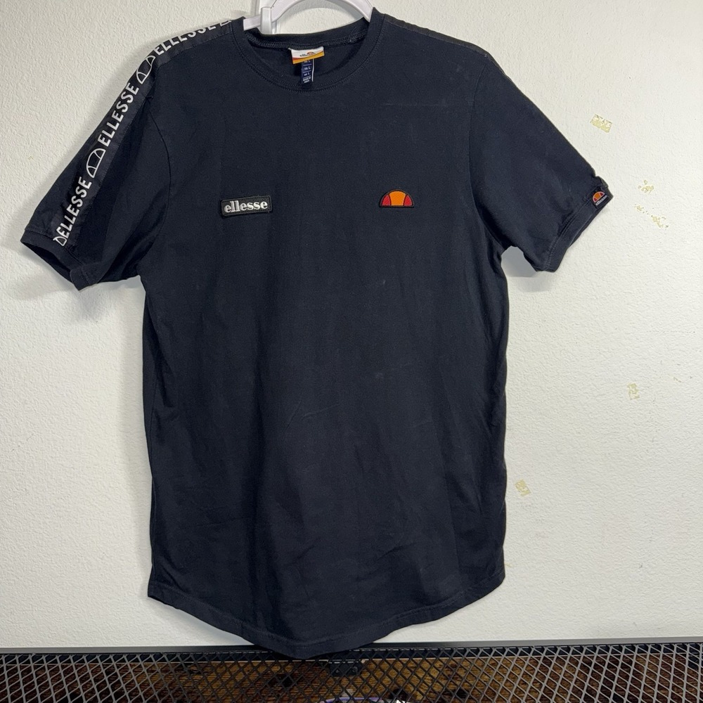 Ellesse Mens‎ Black T-Shirt Large Logo Tape Sleeve Retro Streetwear Tee